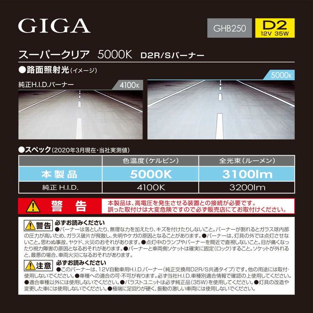 GHB250 GIGA 純正交換用HID スーパークリア D2R/D2S共通 5000K 3100LM 車検対応 日本製 3年保証