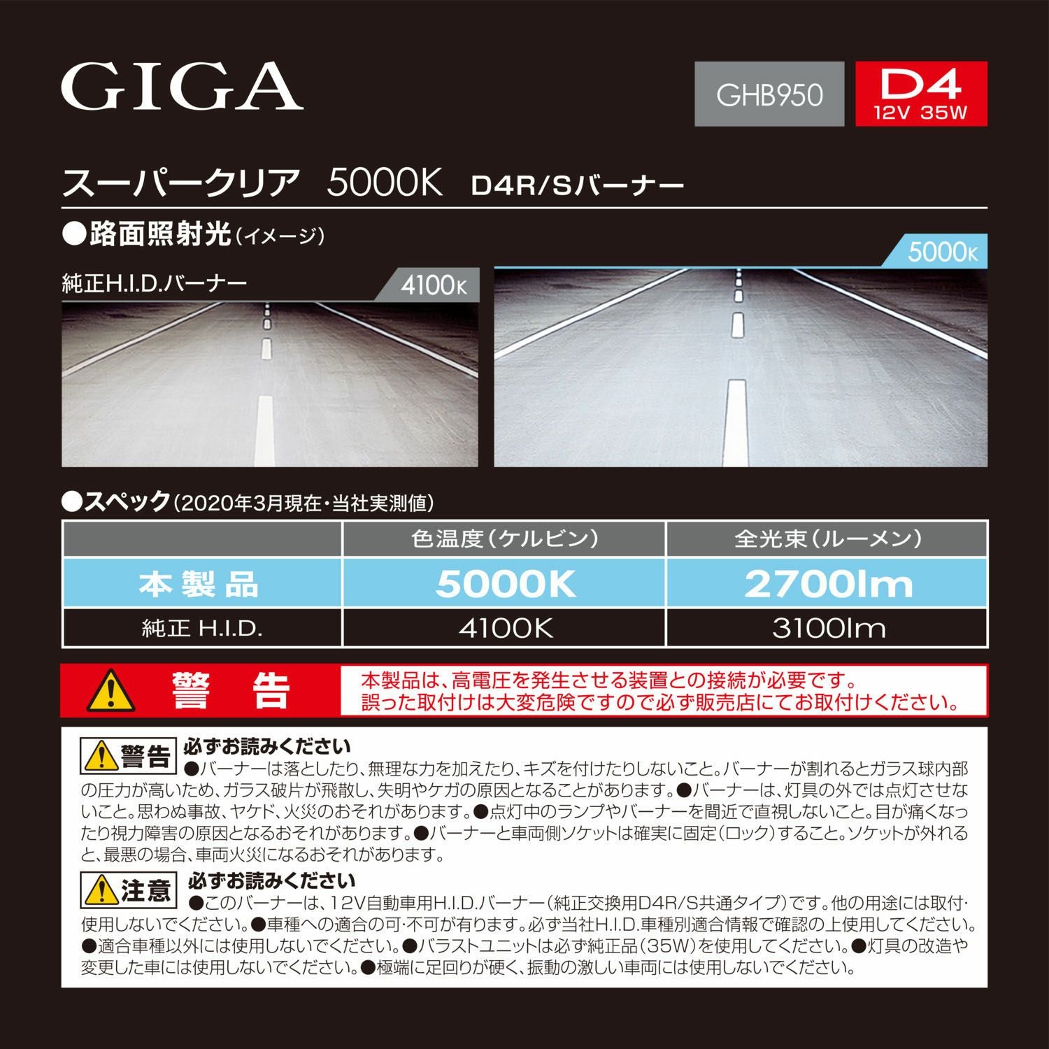 GHB950 GIGA 純正交換HID スーパークリア D4R/D4S共通 5000K 2700LM GHB950 GIGA 純正交換HID スーパークリア D4R/D4S共通 5000K 2700LM