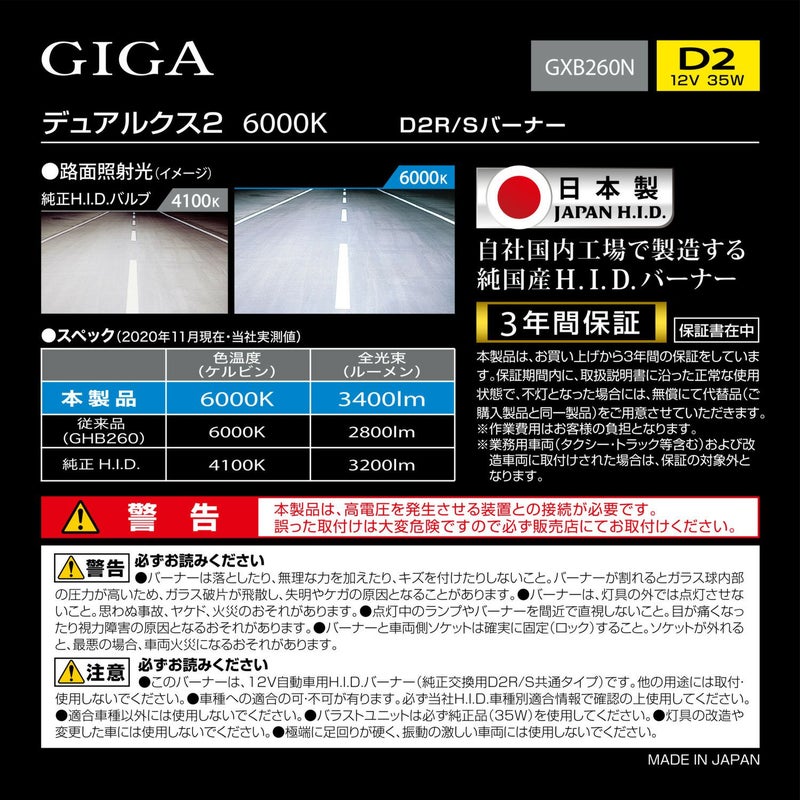GXB260N GIGA 純正交換HID DUALX2 D2R/D2S共通 6000K 3400LM 車検対応 