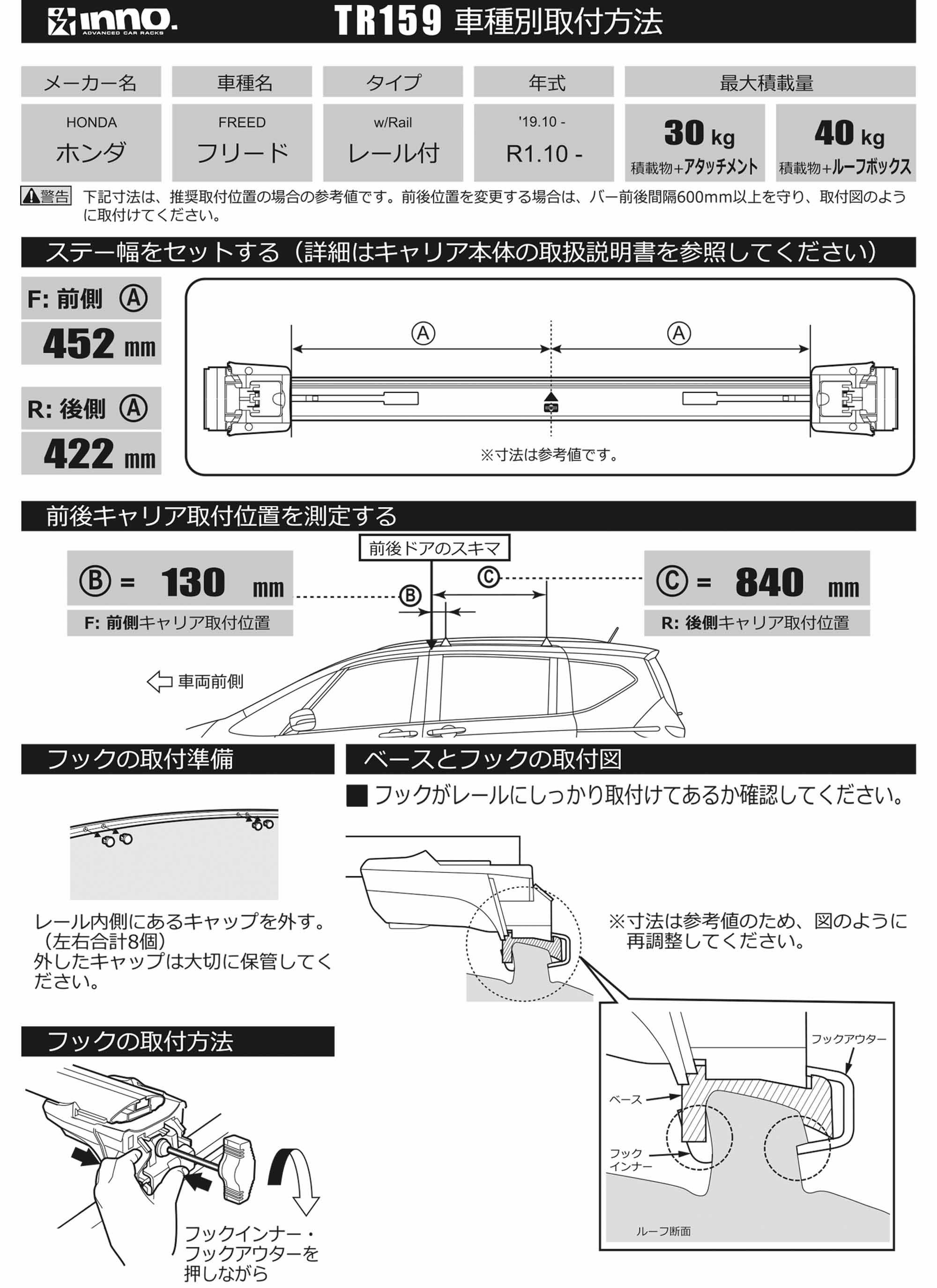 TR159 TR取付フック(ホンダ ヴェゼル/シャトル/フリード レール付