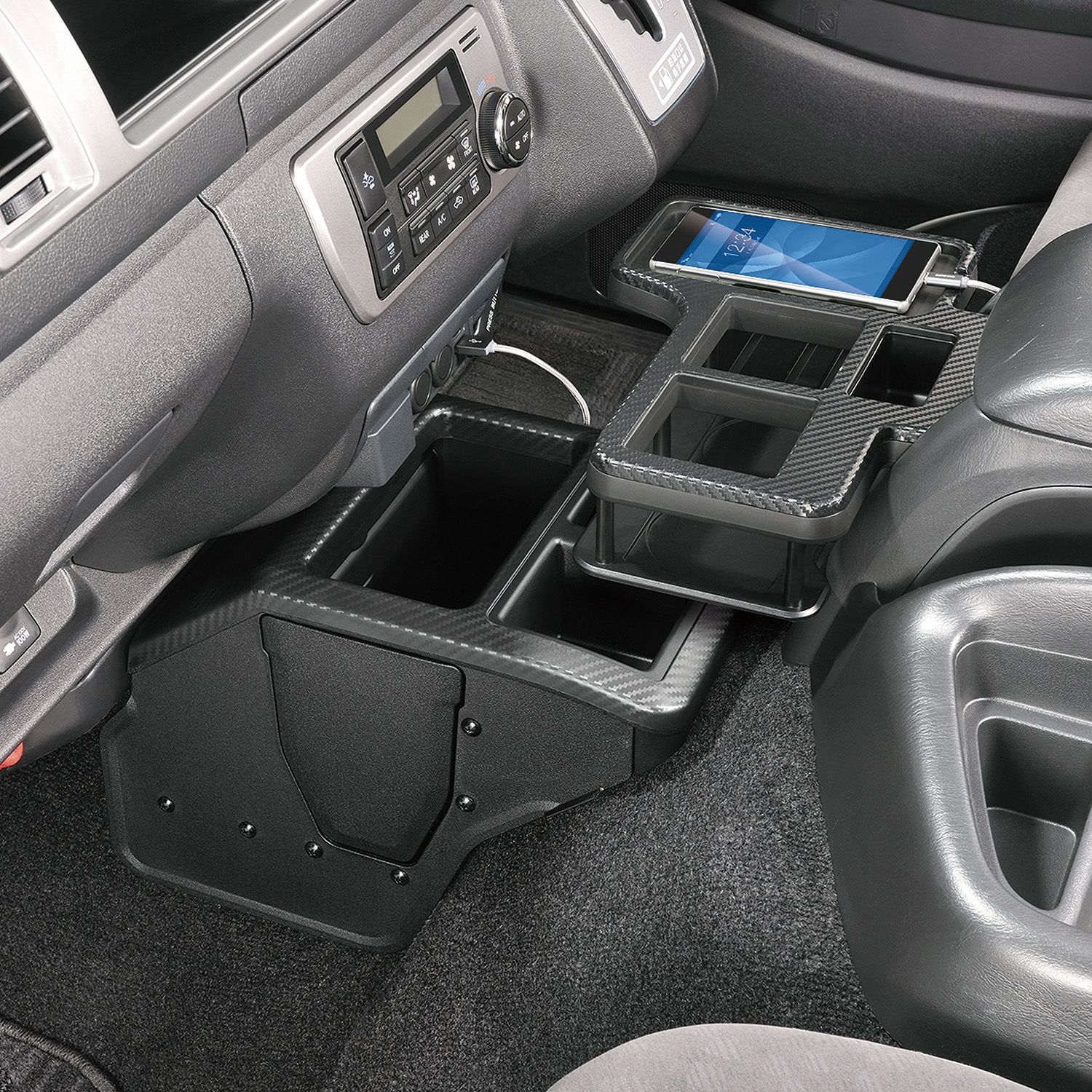 NZ594 コンソールボックス プレミアム ハイエース用 カーボン調